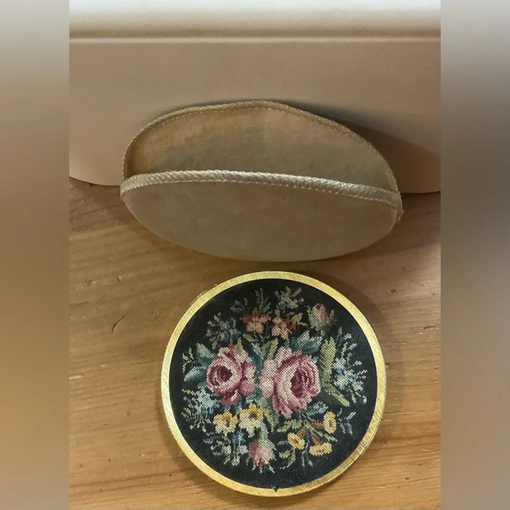 Compact Vintage make up Mirror: Needle work floral embroidered on front .